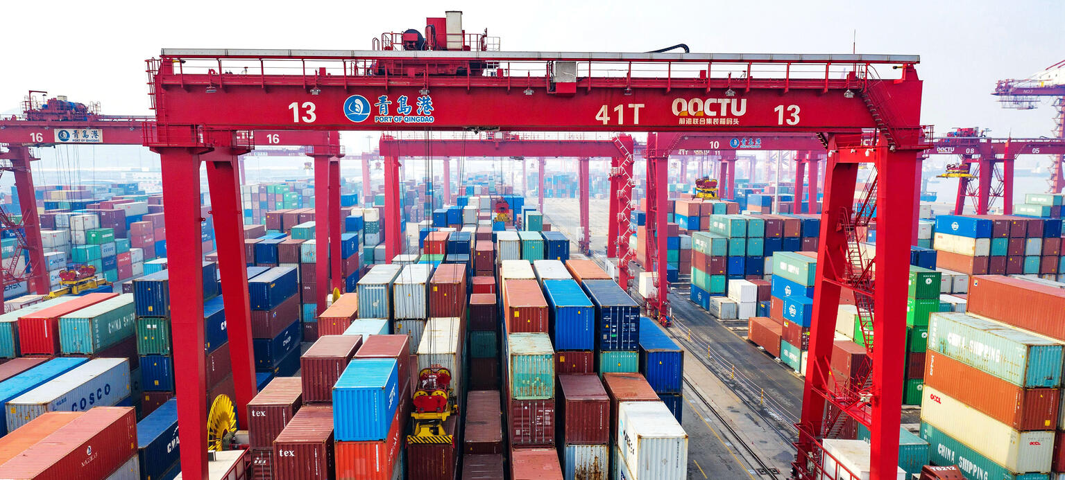 View of a container terminal at the Port of Qingdao in Qingdao City