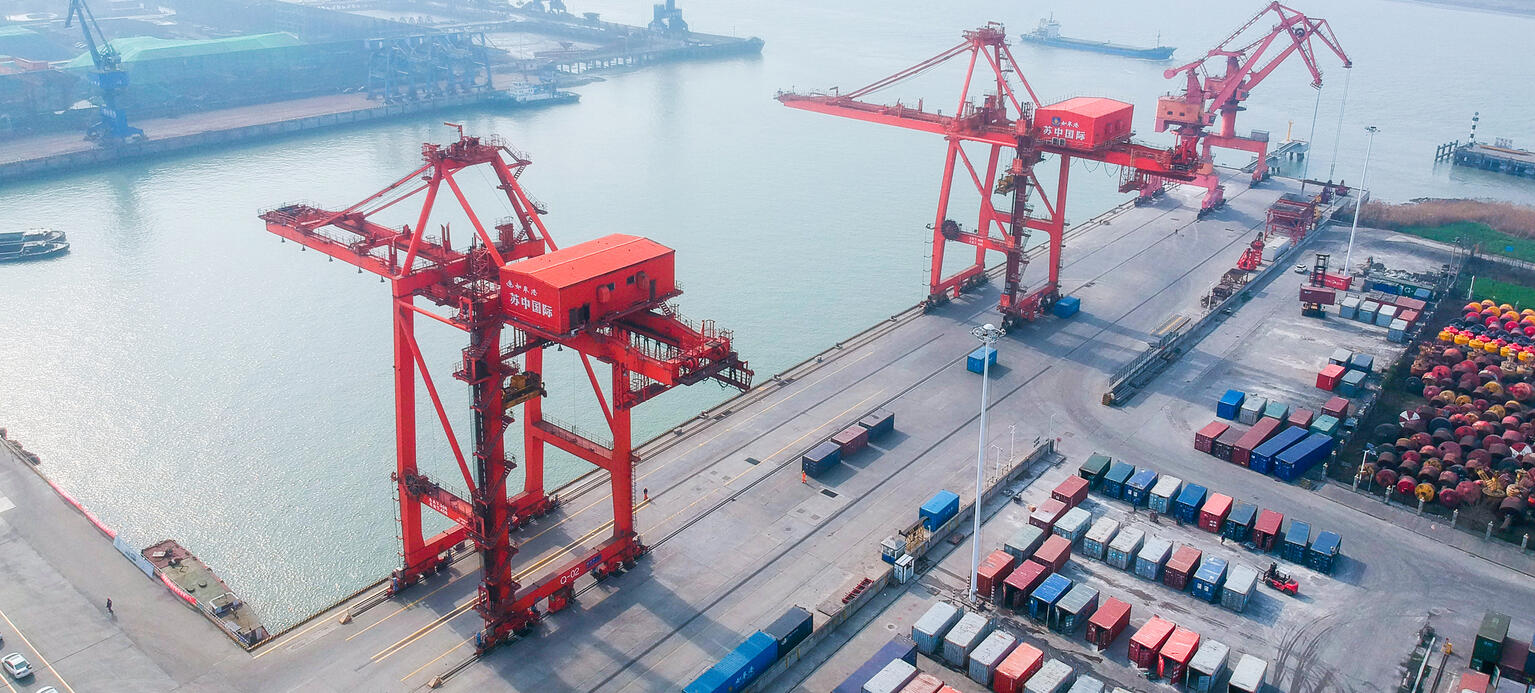 An aerial view of containers and cranes at an export port in Rugao county-level city