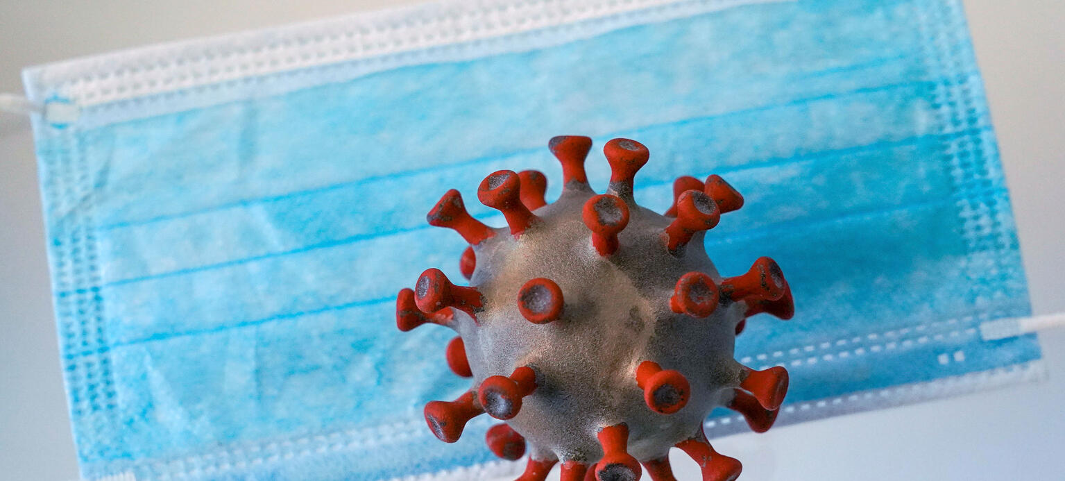 Ein Modell eines Coronavirus liegt über einer Mund-Nasen-Bedeckung. 