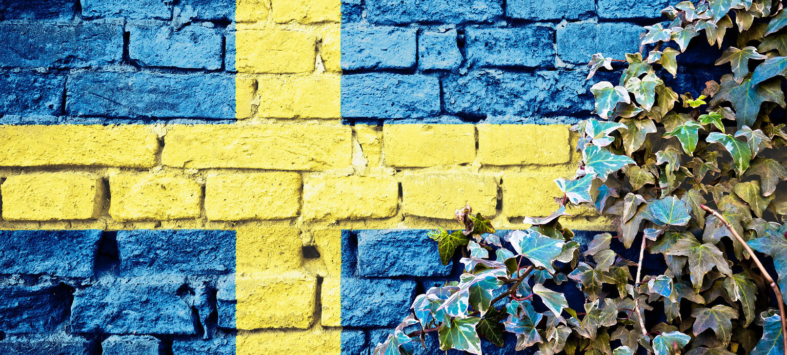 Swedish grunge flag on brick wall with ivy plant, country symbol concept of Sweden  - Altersvorsorge Schweden