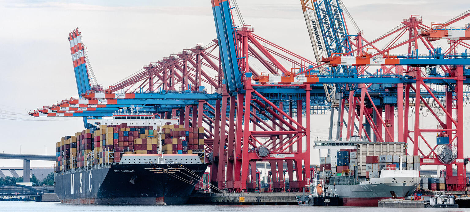 Zwei Containerschiffe liegen im Hamburger Hafen am Eurogate Container Terminal.  - Konjunkturindikator