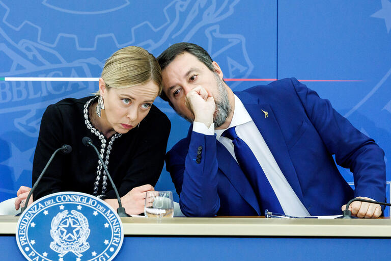 Italiens Ministerpräsidentin Girogia Meloni (li.) und Verkehrsminister Matteo Salvini (re.)