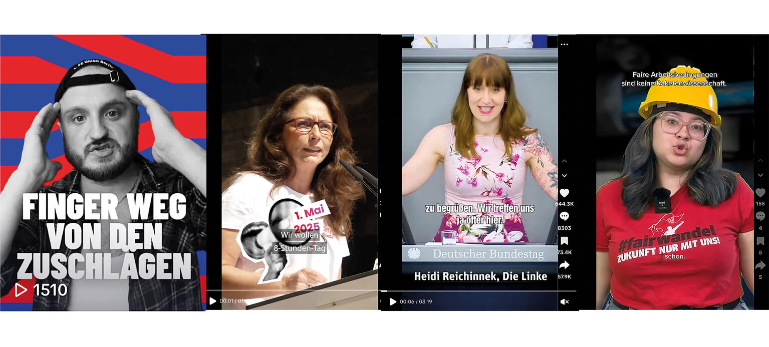 Collage aus Screenshots verschiedener Tiktok-Auftritte (Sascha Döring/EVG, Yasmin Fahimi/DGB, Heidi Reichinek/Die Linke, Hanna Schürmann/IG Metall)