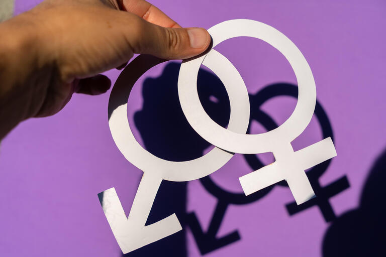 Eine Hand hält das männliche und weibliche Symbol auf einem lila Hintergrund, die Gleichstellung der Geschlechter und den Kampf für die Rechte und Gleichstellung der Frauen 