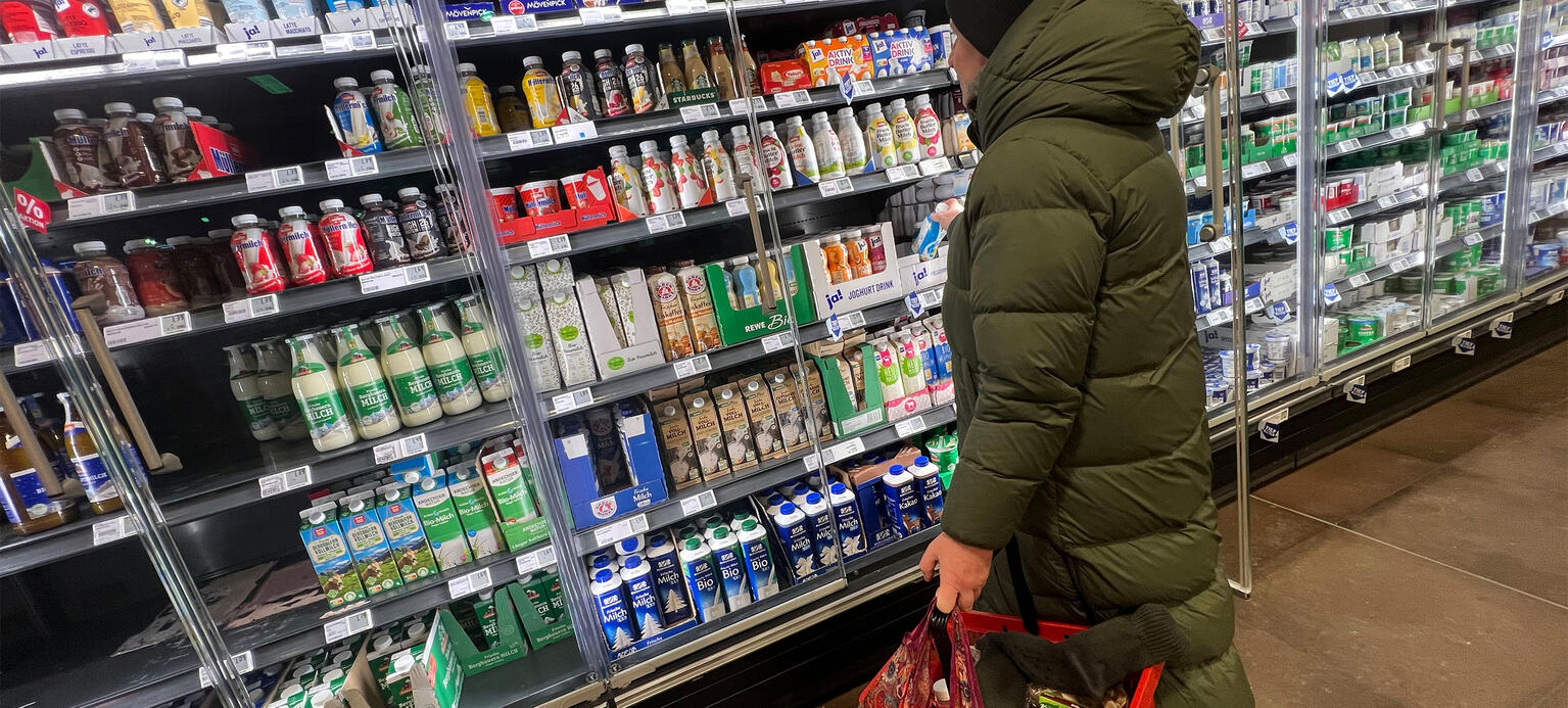 Einkaufskorb im Supermarkt,Kundin steht vor Kuehltheke mit Milchprodukten. - Inflation