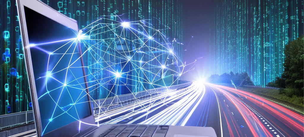 Mit KI generiert. Symbol für Informatik, Internet, Datentransfer, Datenautobahn, für das World Wide Web, 3D-Hologramm