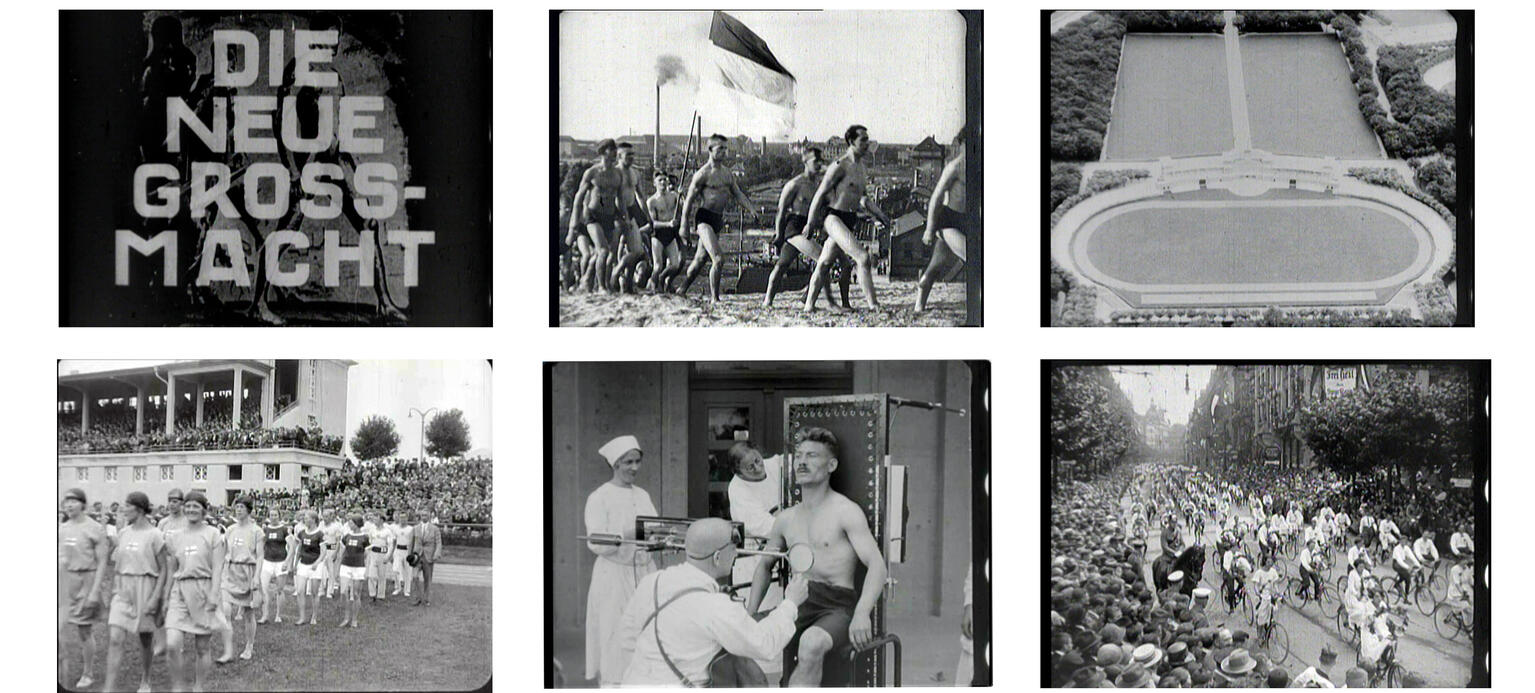 Collage aus Bildern aus dem Film Film „Die neue Großmacht“ von der Arbeiterolympiade 1925