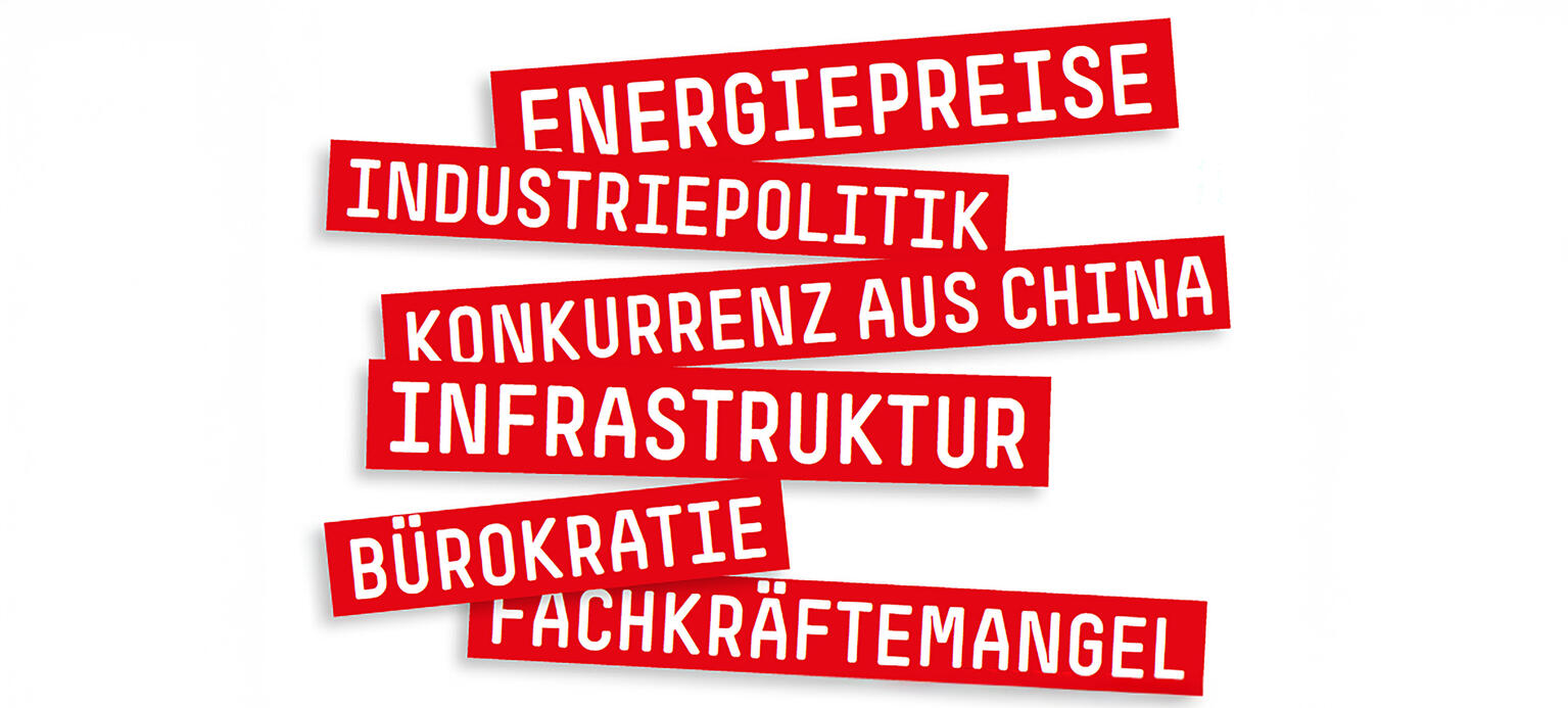 Collage aus den Wörtern Energiepreise, Industriepolitik, Konkurrenz aus China, Infrastruktur, Bürokratie,  Fachkräftemangel