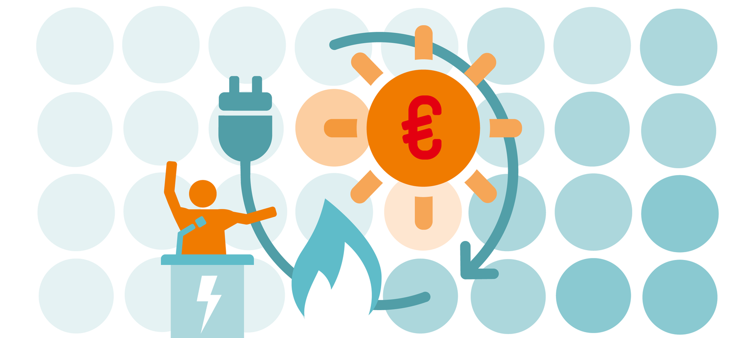 Grafik-eine Person hält eine Rede im HIntegrund sing symbole wie Feuer, Stecker und Sonne mit einem € Zeichen zu sehen