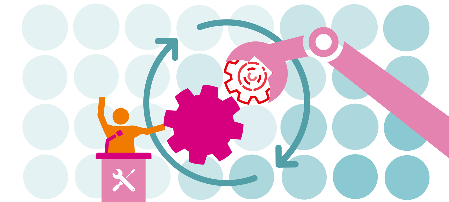 Grafik- eine Person redet im Hintergrund befindet sich ein Zahnrad 