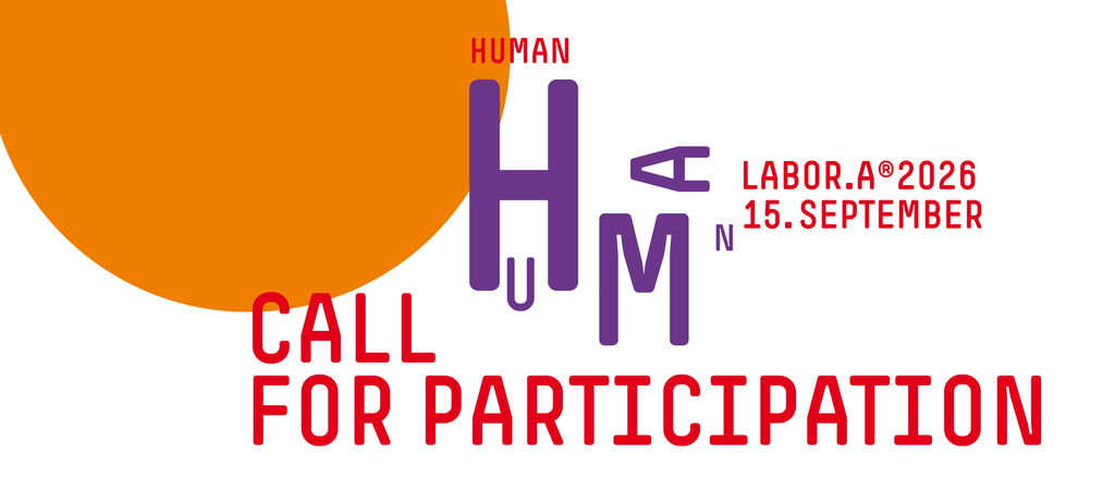 Orangefarbener Kreis auf weissem Hintergrund, Schriftzug: LABORA 2026, 15. September, Call for Participation