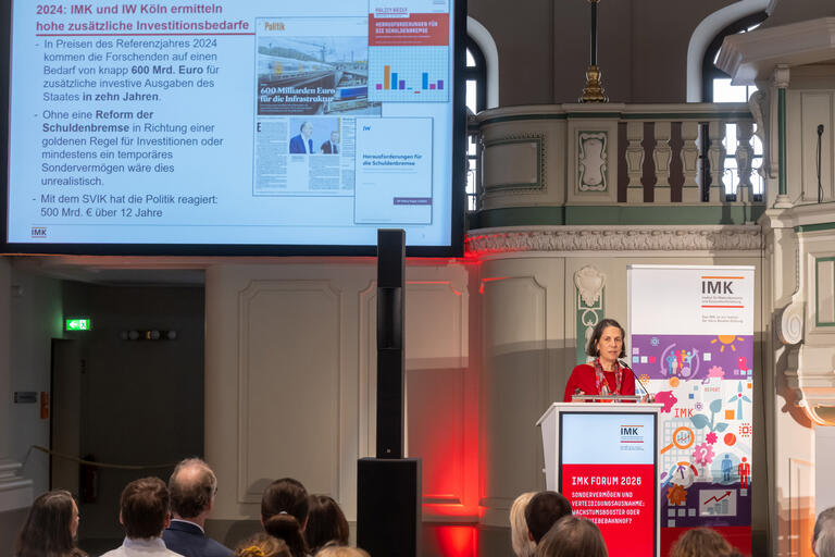 Blick auf die Bühne des IMK Forum 2026 mit Katja Rietzler