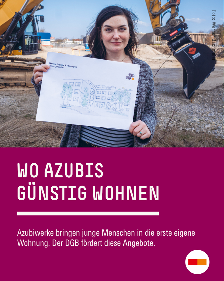 Eine junge Frau auf einer Baustelle hält eine Bauskizze hoch. Wo Azubis günstig wohnen.