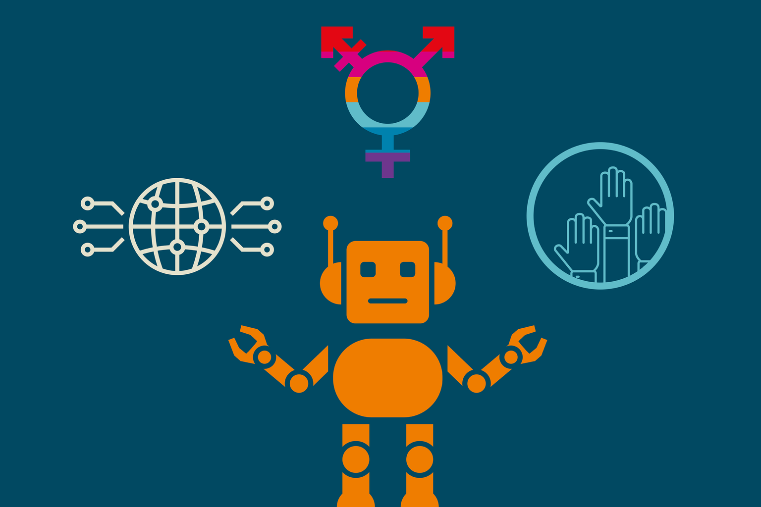 Ein Roboter, eine Weltkugel, erhobene Hände, Symbole für verschiedene Geschlechter