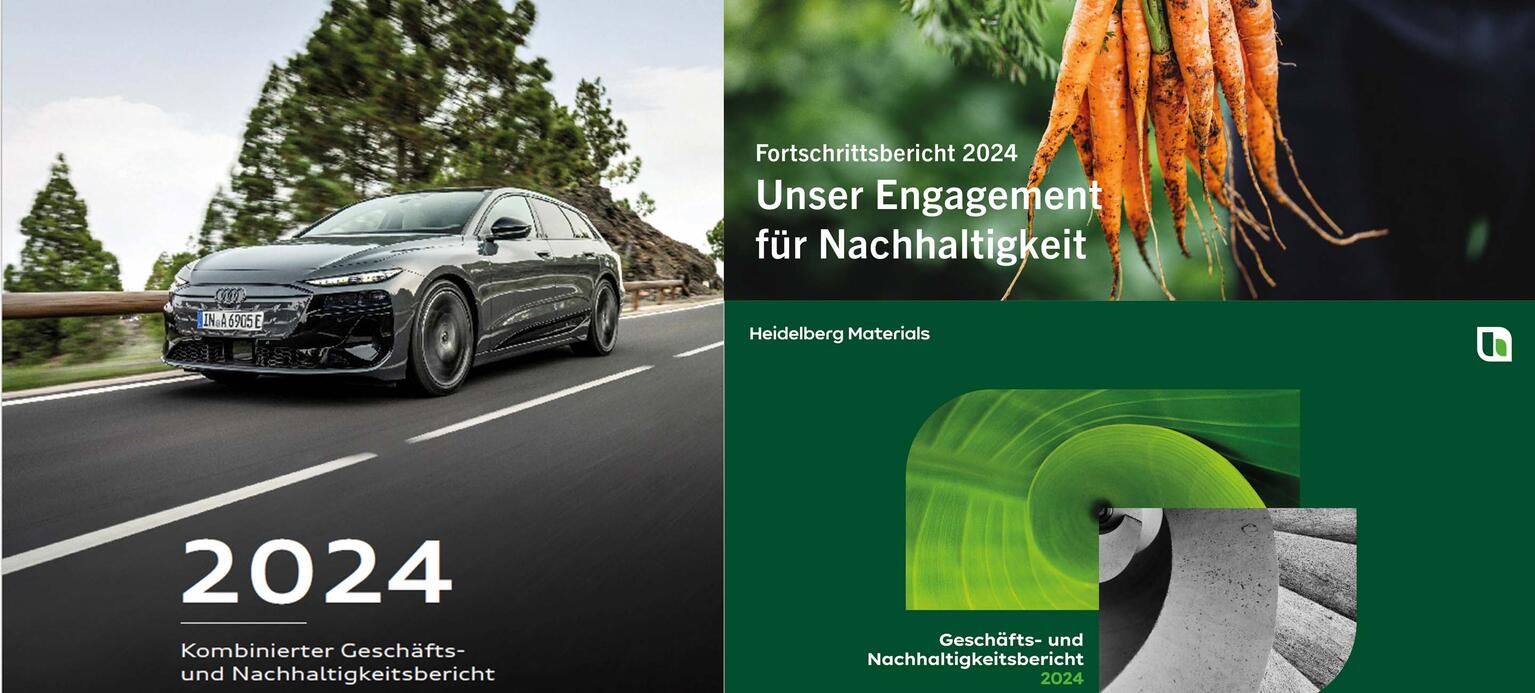 Collage aus drei Titelbildern von Nachhaltigkeitsberichten großer Unternehmen