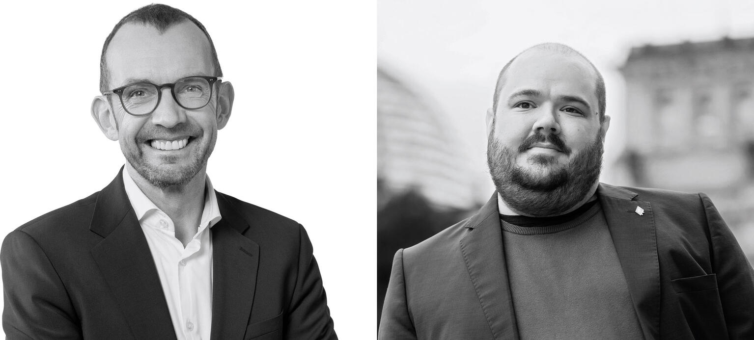 SW Portraits von Thomas Röwekamp (li.), Mitglied d. Bundestags für die CDU und Vorsitzender des Verteidigungsausschusses, Kristof Becker (re.), Bundesjugendsekretär des Deutschen Gewerkschaftsbunds (DGB)