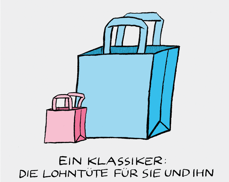 Karikatur: Eine kleine Lohntüte für Frauen, eine große für Männer