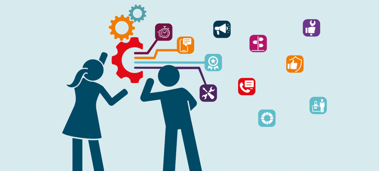 Zwei Männchen stehen vor Zahnrädern, aus denen verschiedene kleine Abbildungen herauskommen