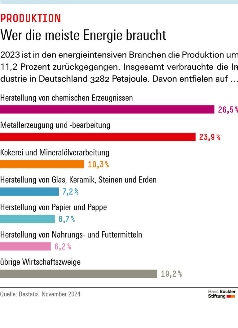 2023 ging die Produktion in den energieintensiven Branchen um 11,2 Prozent zurück. Insgesamt verbrauchte die Industrie in Deutschland 3.282 Petajoule. Davon entfielen 26,5 Prozent auf die chemische Industrie, 23,9 Prozent auf die Metallerzeugung und -bearbeitung sowie 10,3 Prozent auf die Kokerei und Mineralölverarbeitung.