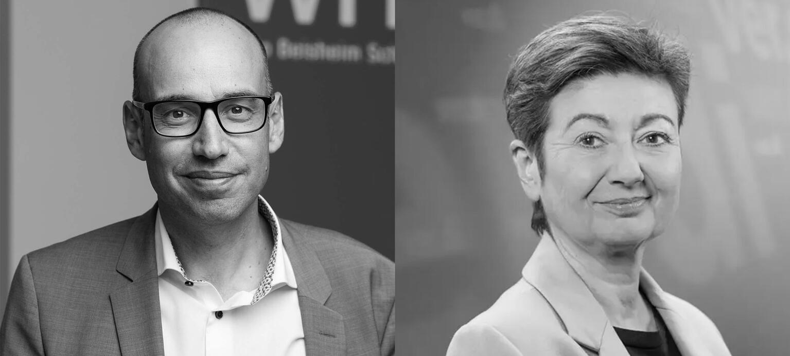 Schwarz-Weiß-Porträts von Prof. Christian Hagist, WHU (links) und Sylvia Bühler, Verdi-Vorstand