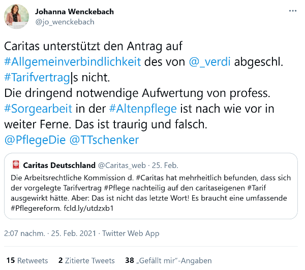 Johanna Wenckebachs kommentiert auf Twitter die Absage von Caritas zum allgemeinverbindlichen Tarifvertrag